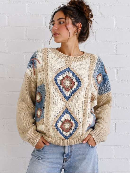 Vintage Sweaters - Vintage Patchwork Granny Square Cable Knit Sweater M Folk Boho Cottagecore